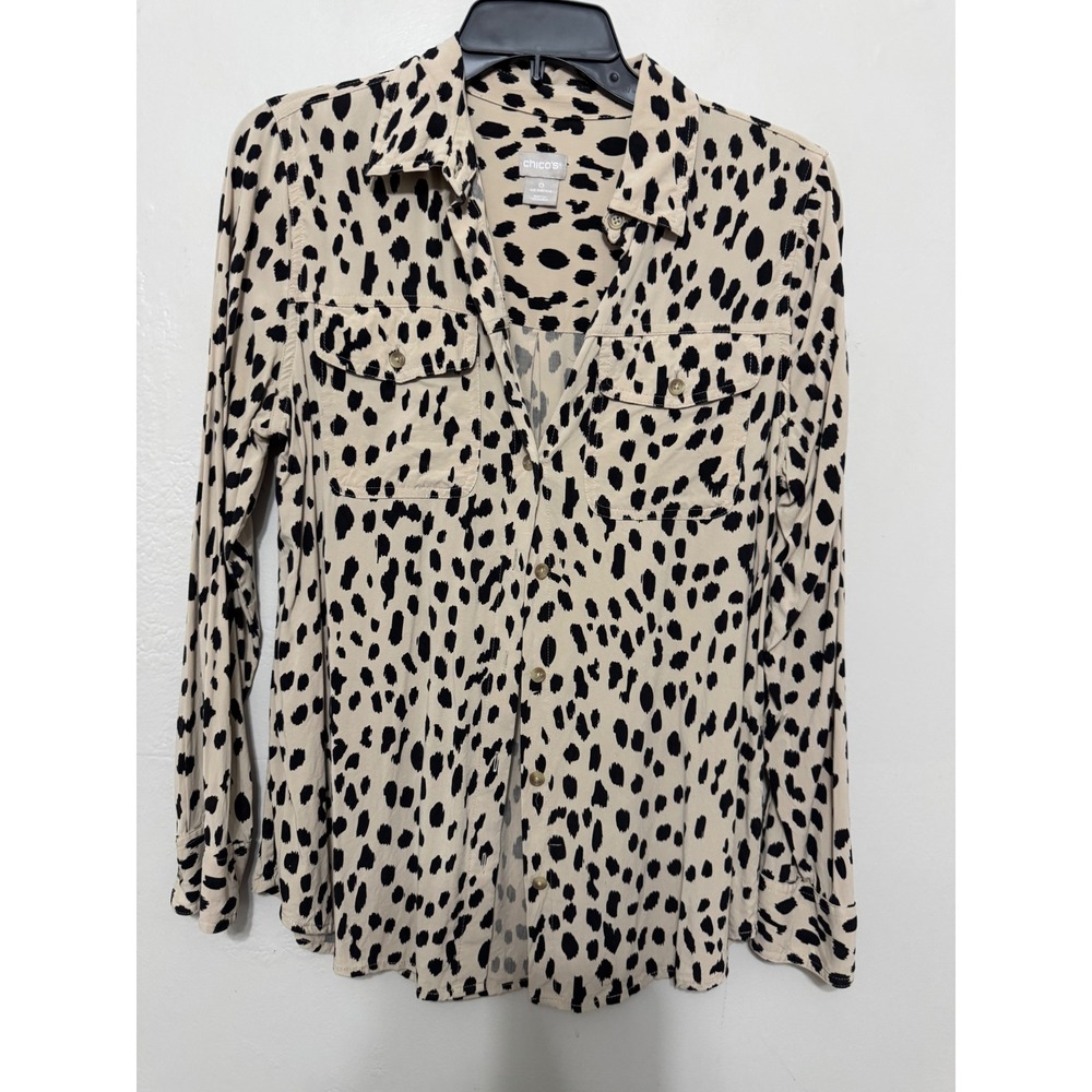 Chicos Women Tan Black Animal Print Button Down Shirt Long Sleeve Size 0 S‎ 4/6